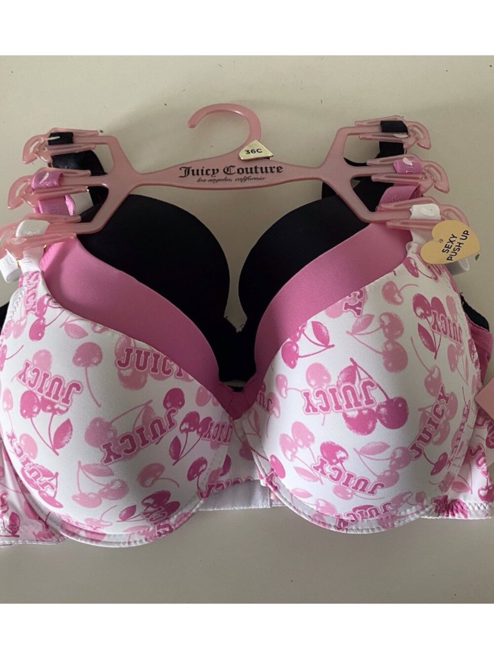 3 Pack Juicy Couture Sexy Push Up Bra Size 36C Cherries Cherry Logo Pink Black